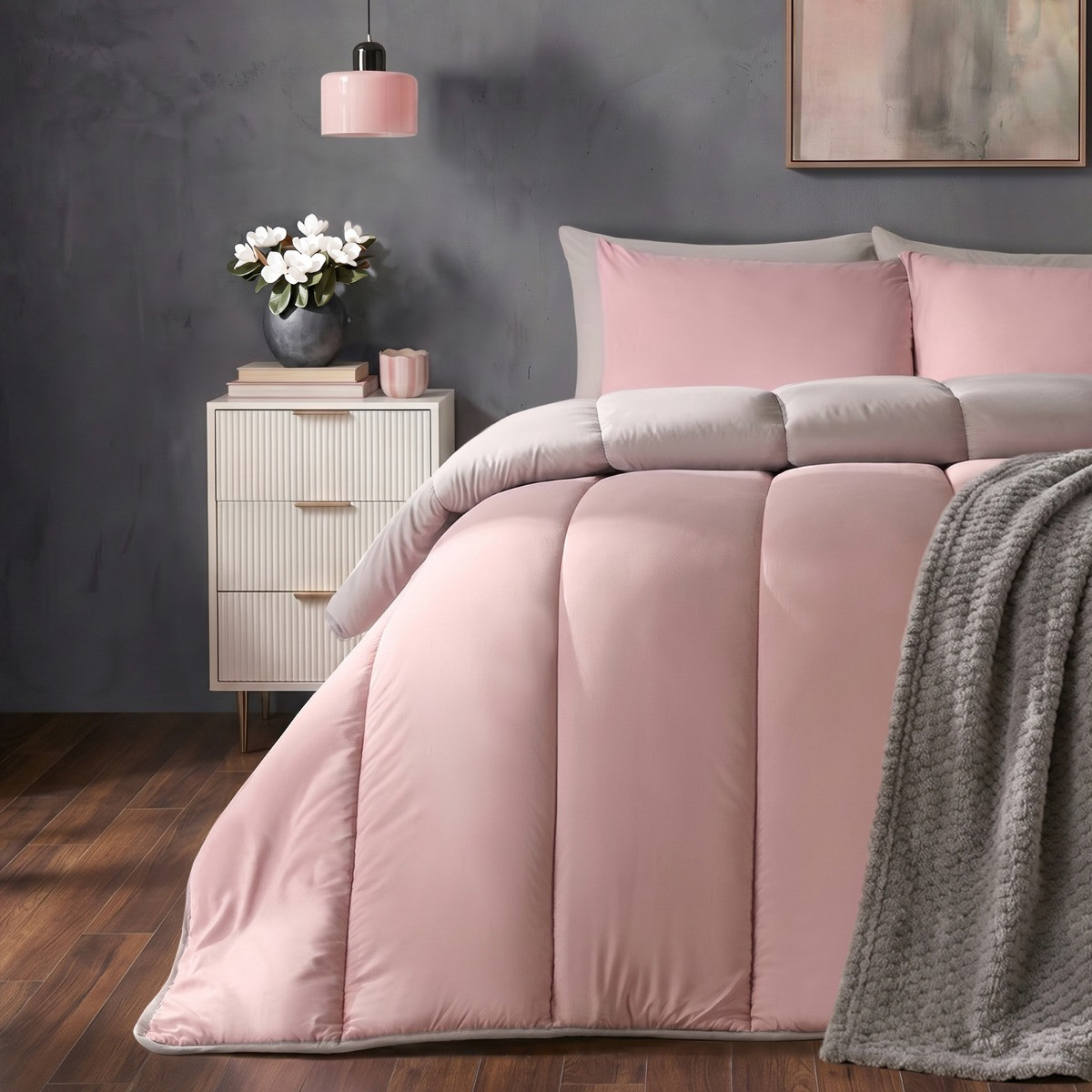 OHS Coverless 10.5 Tog Reversible Duvet & Pillowcase - Blush/Silver>