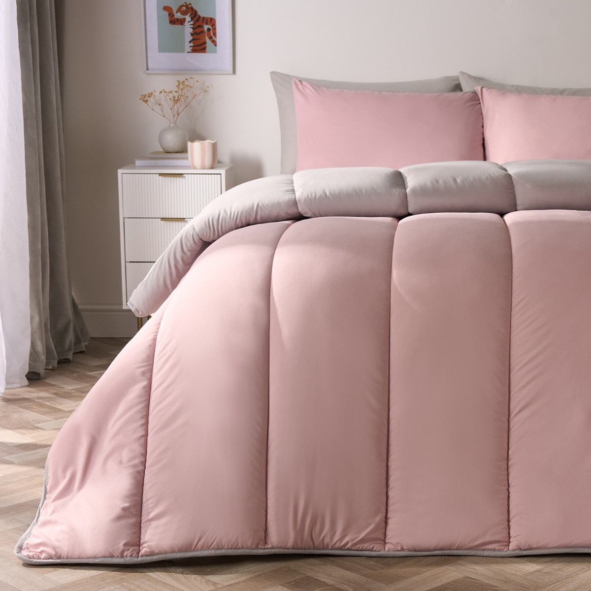 OHS Coverless 10.5 Tog Reversible Duvet & Pillowcase, Blush/Silver - Single>