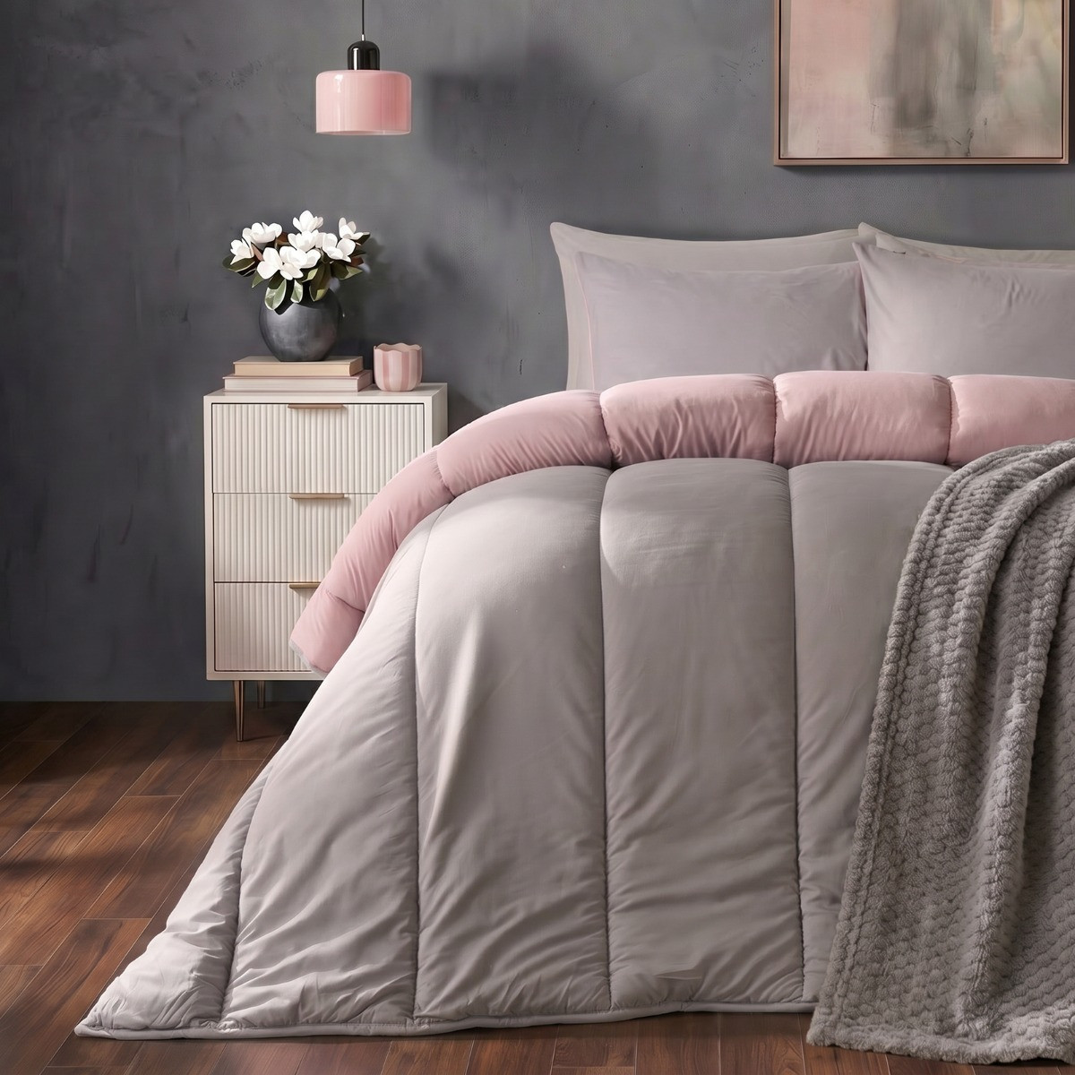 OHS Coverless 10.5 Tog Reversible Duvet & Pillowcase, Blush/Silver - Single>