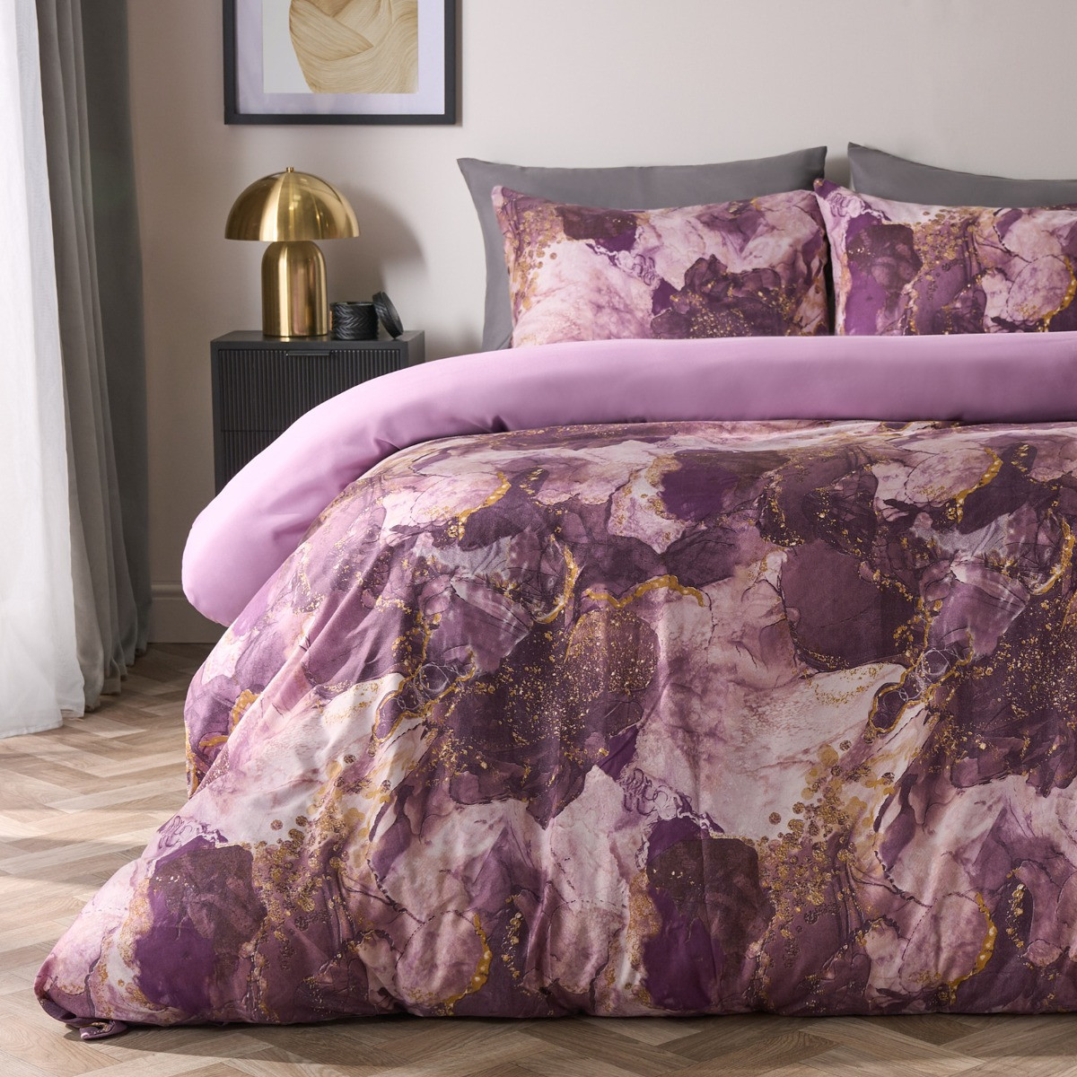 OHS Marble Print Duvet Set, Purple - King >