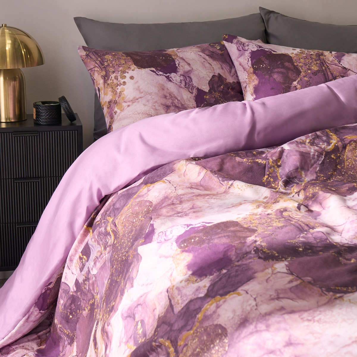 OHS Marble Print Duvet Set, Purple - Double>