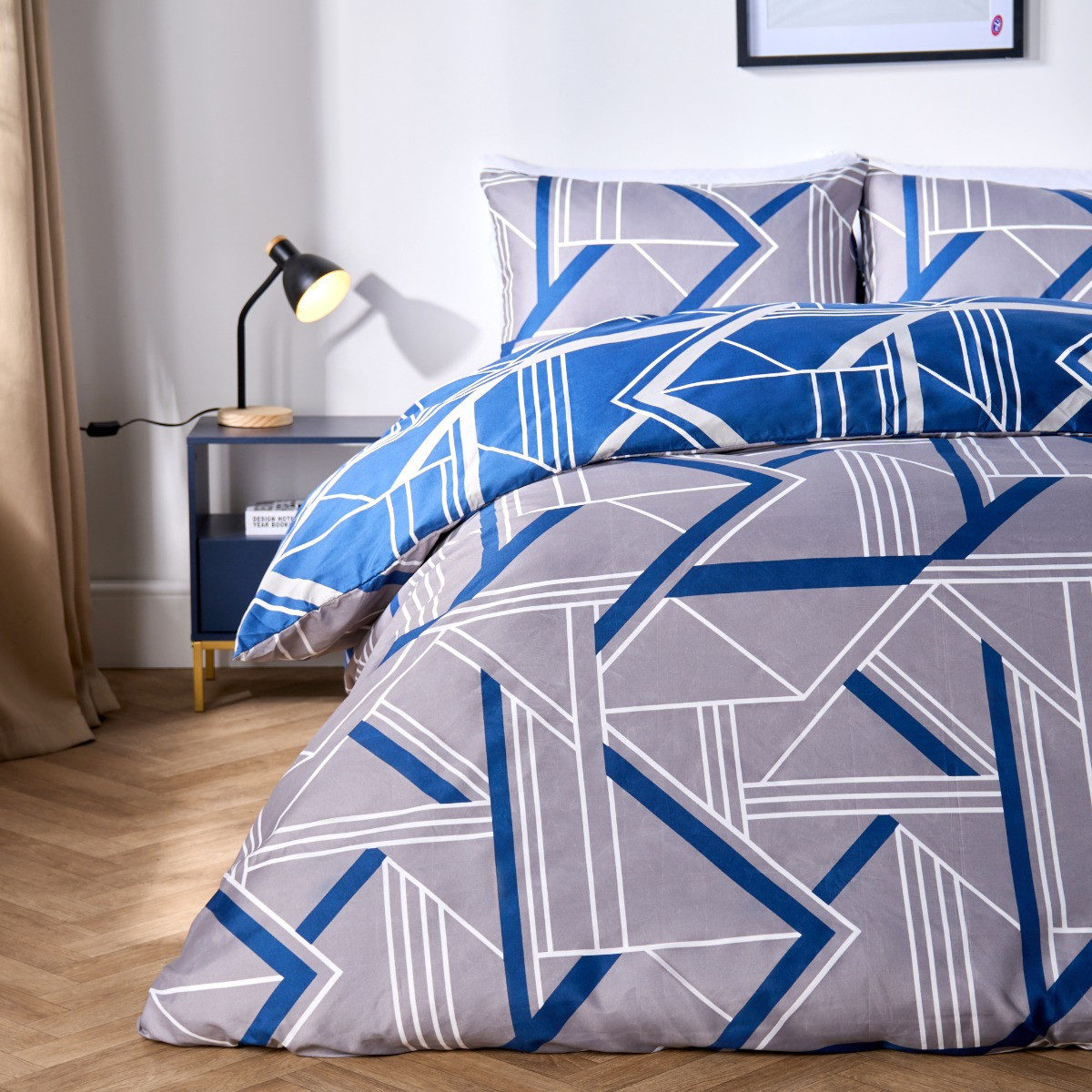 OHS Abstract Geometric Print Reversible Duvet Set, Grey - Double>