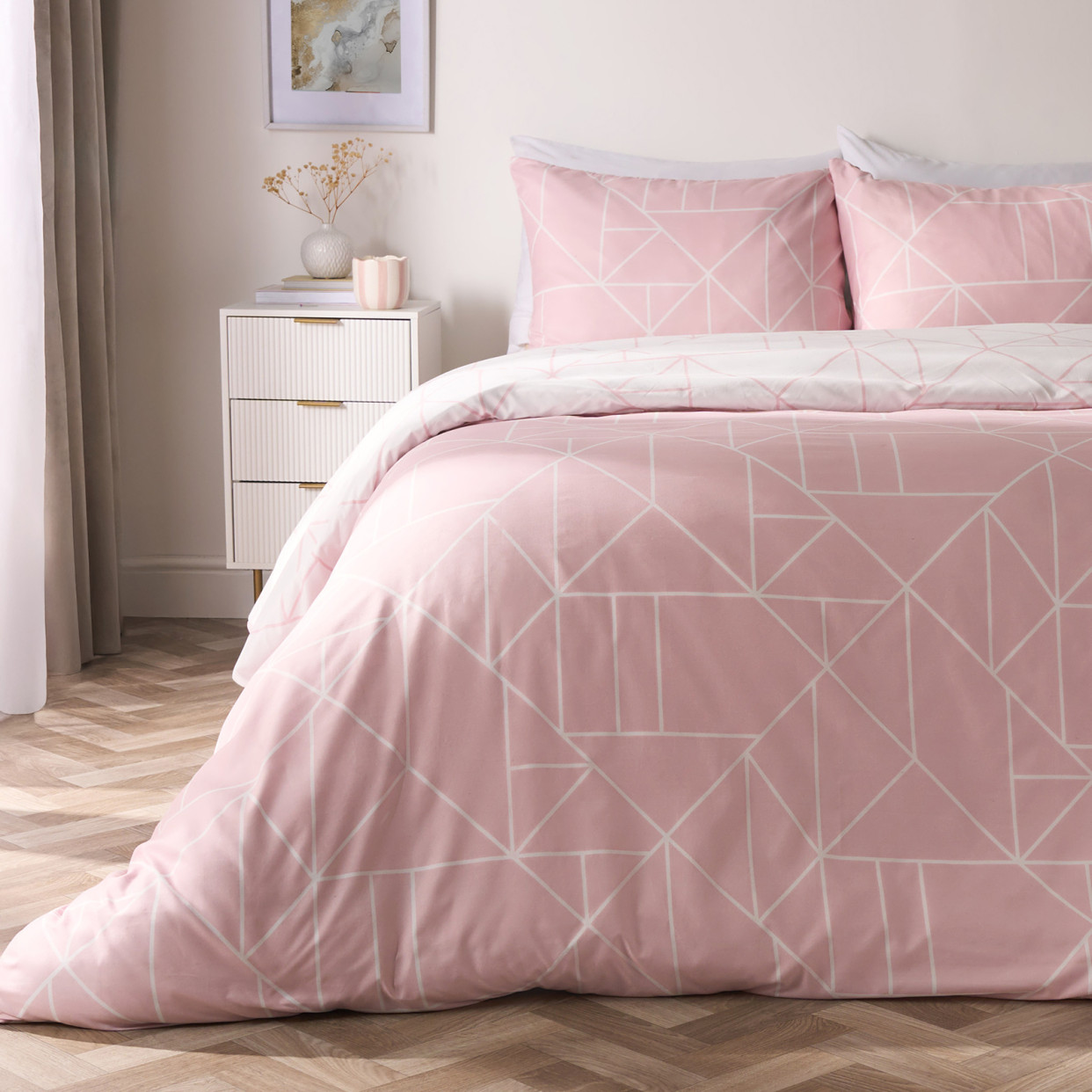 OHS Geometric Print Duvet Cover Set, Blush - Double >