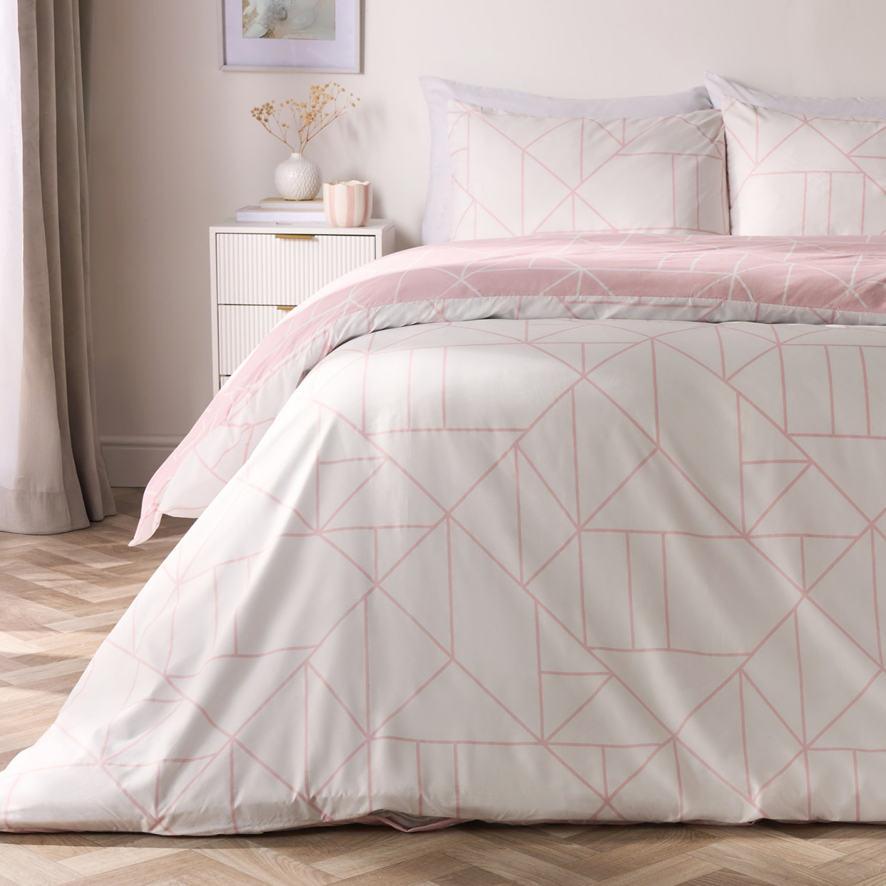 OHS Geometric Print Duvet Cover Set, Blush - Double >