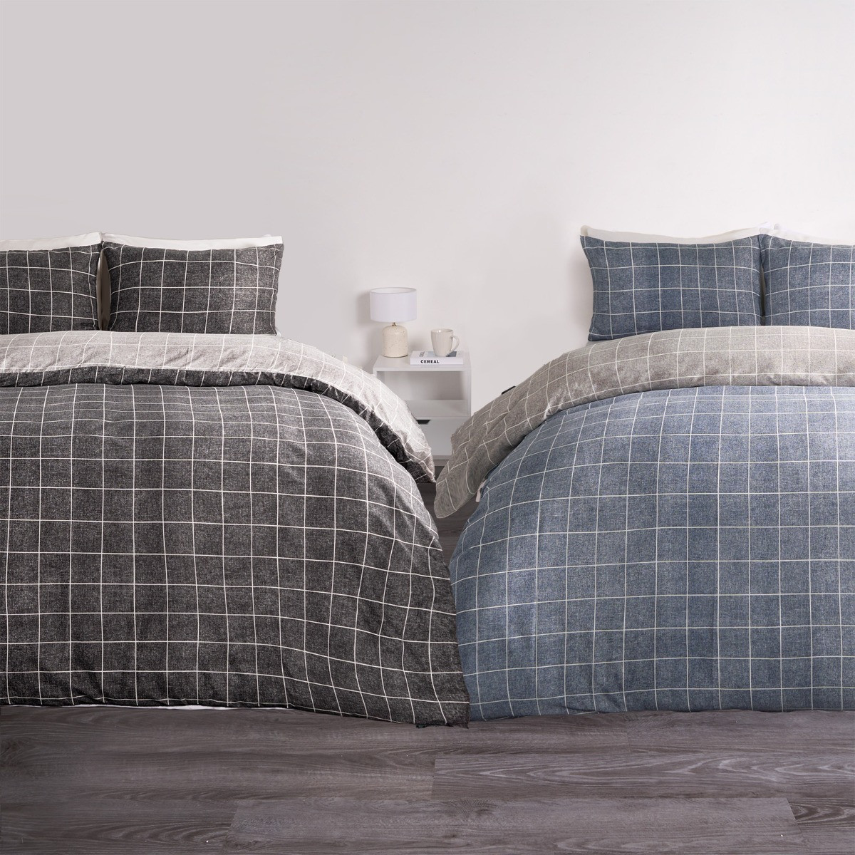 OHS Fine Line Check Duvet Cover Set, Charcoal Black & Navy Grey 2 Pack - King>