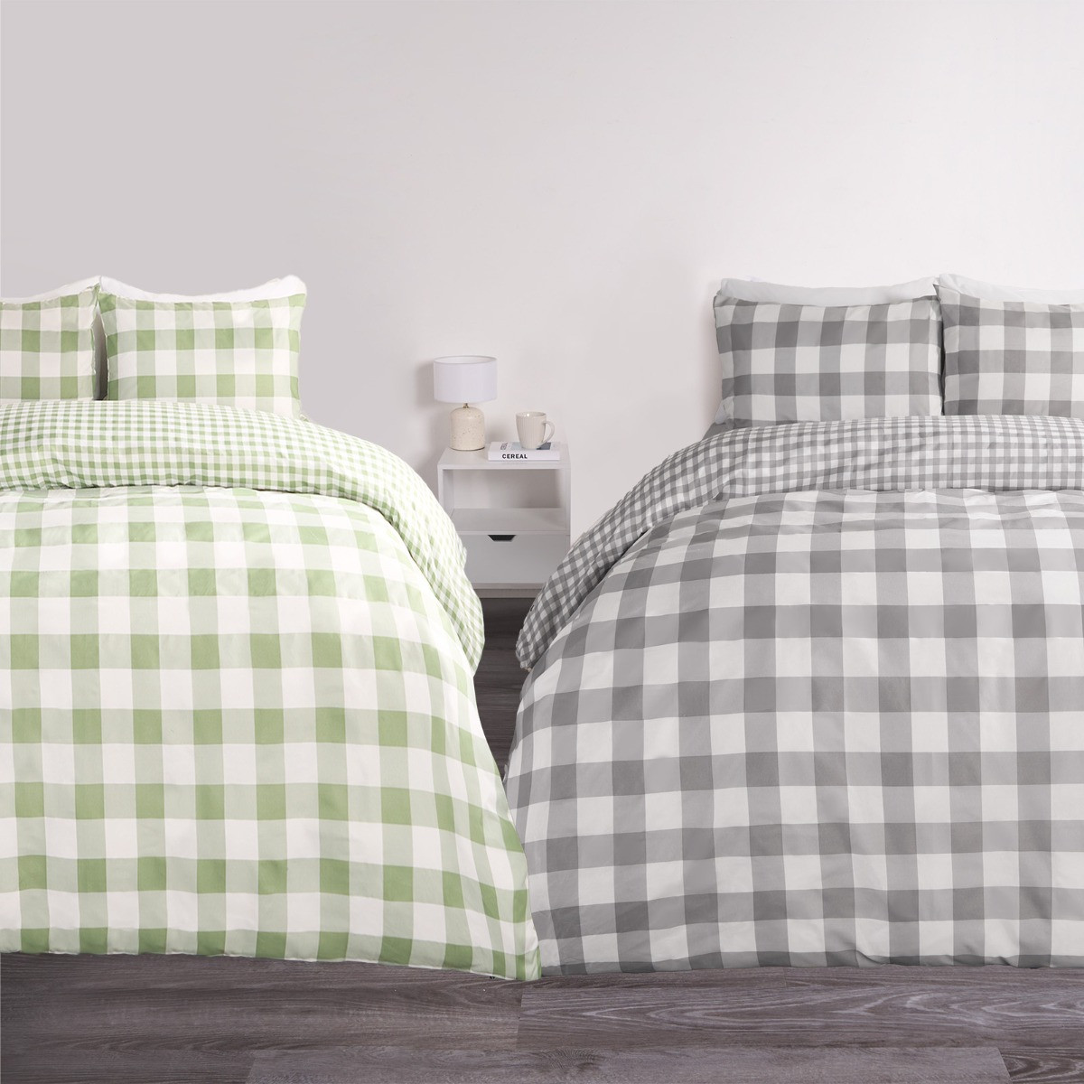 OHS Gingham Duvet Cover Set, Sage & Grey, 2 Pack - Single>