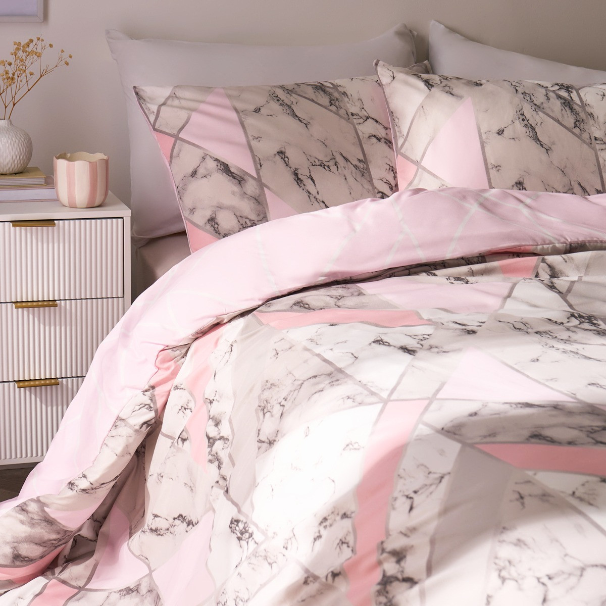 OHS Abstract Geometric Marble Print Duvet Cover Set, Blush - Single>