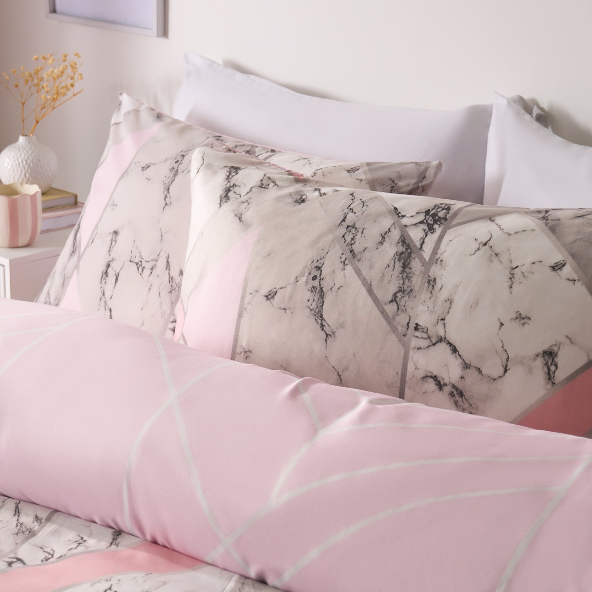 OHS Abstract Geometric Marble Print Duvet Cover Set, Blush - Double>