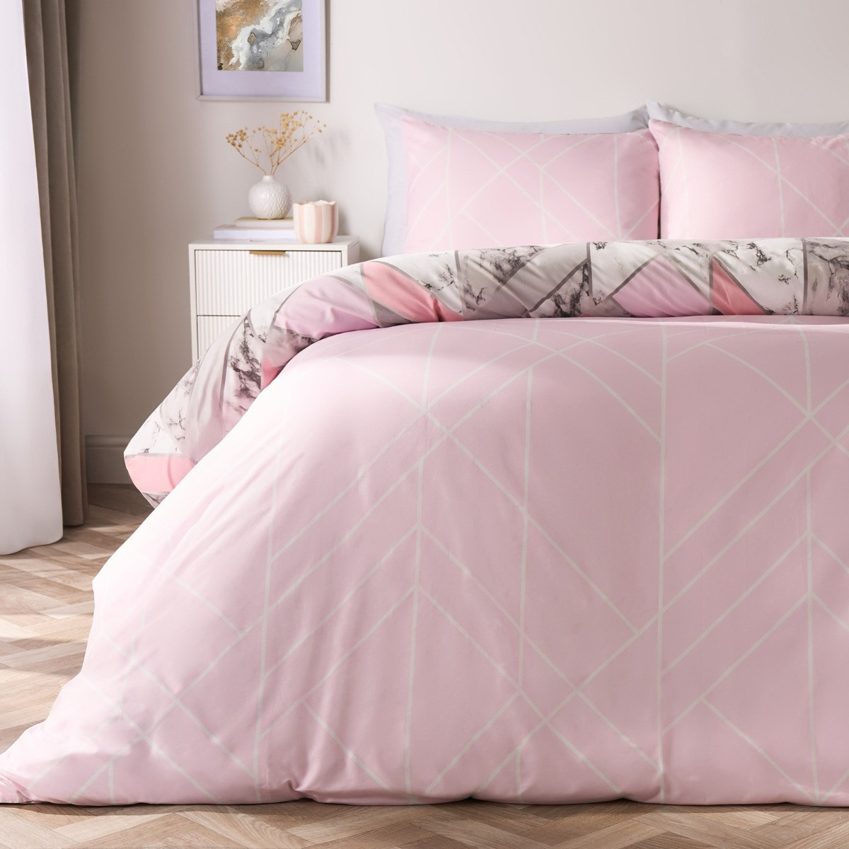 OHS Abstract Geometric Marble Print Duvet Cover Set, Blush - Single>