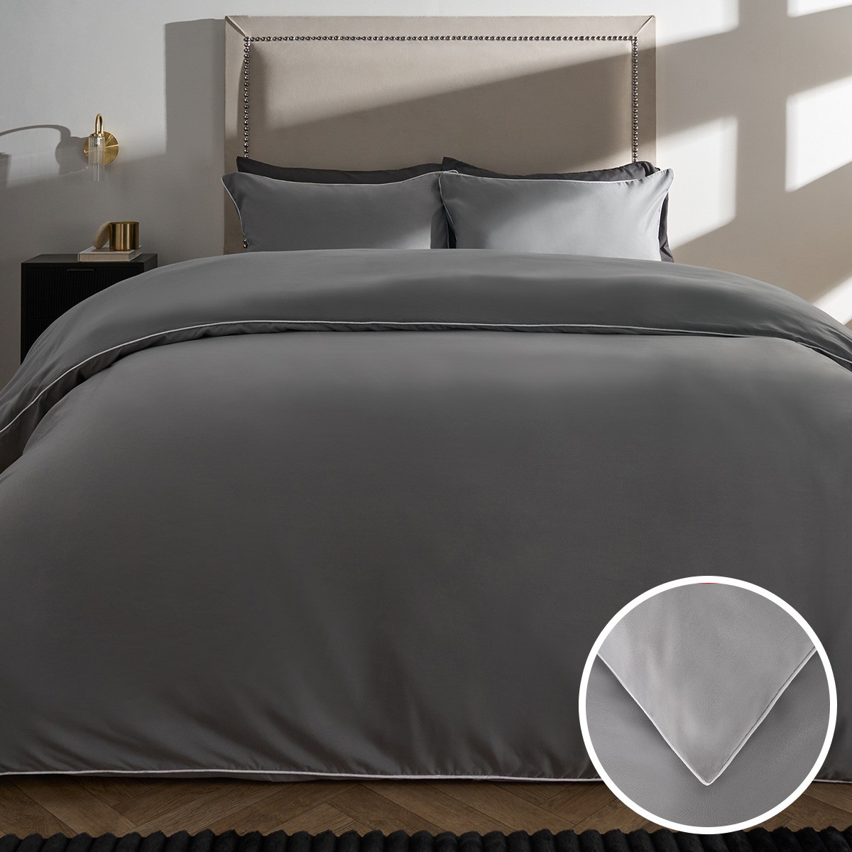 OHS Piped Edge Duvet Set, Grey/White - King>