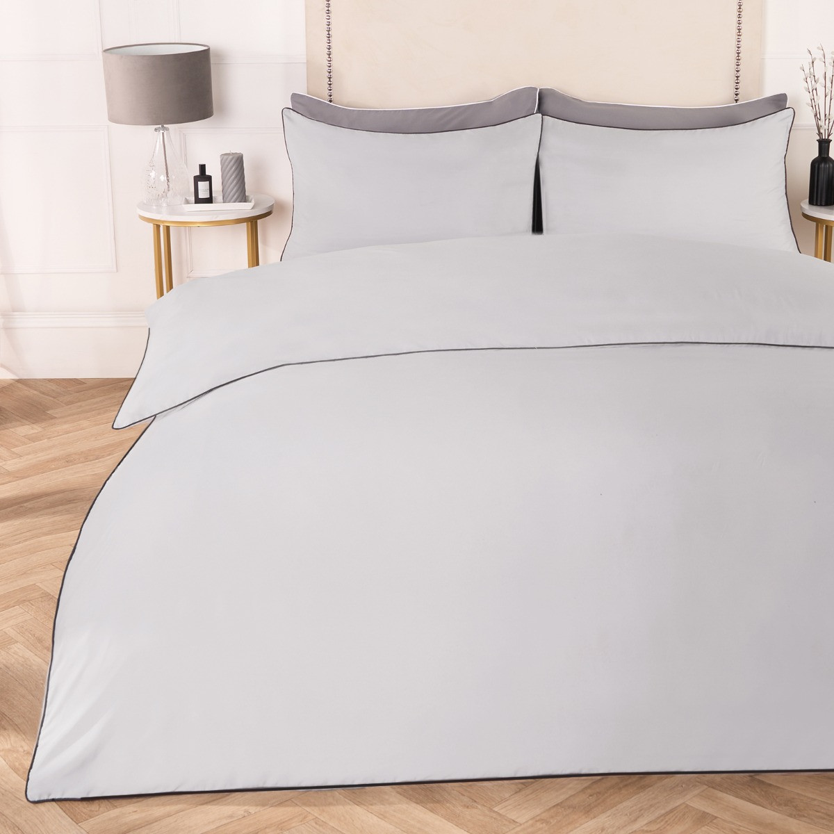 OHS Piped Edge Duvet Set, Silver/Grey - Superking>