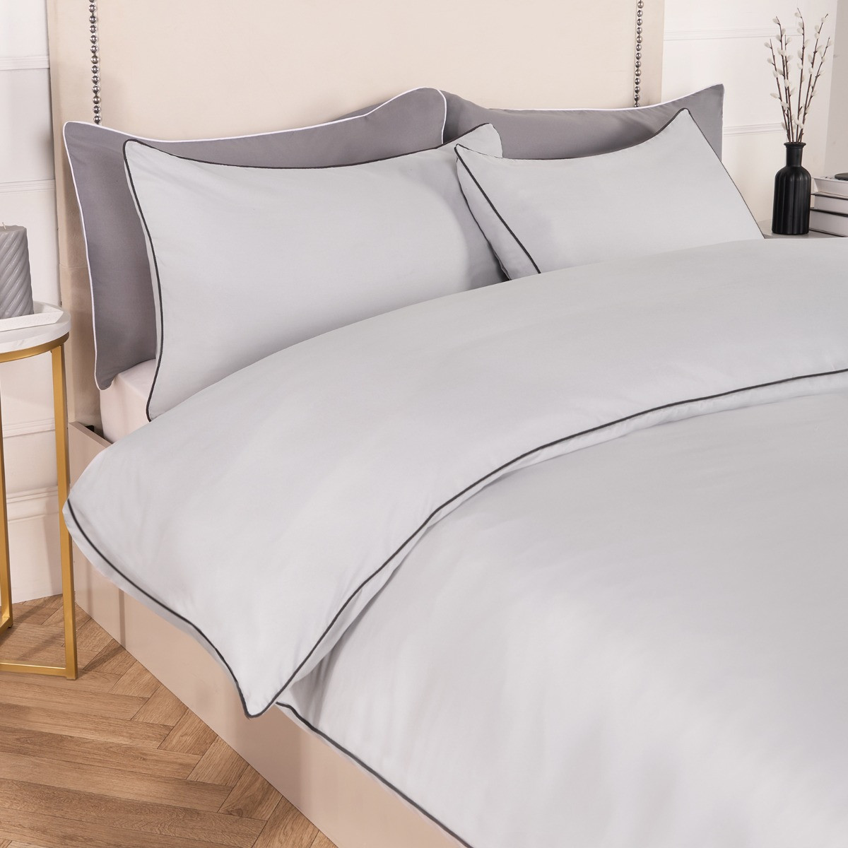 OHS Piped Edge Duvet Set, Silver/Grey - Superking>