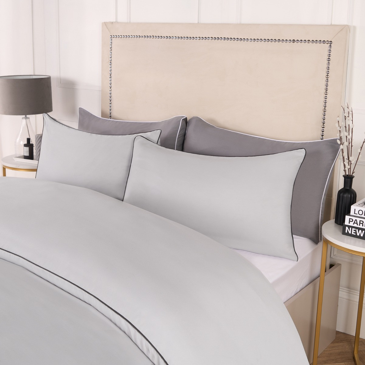 OHS Piped Edge Duvet Set, Silver/Grey - Superking>