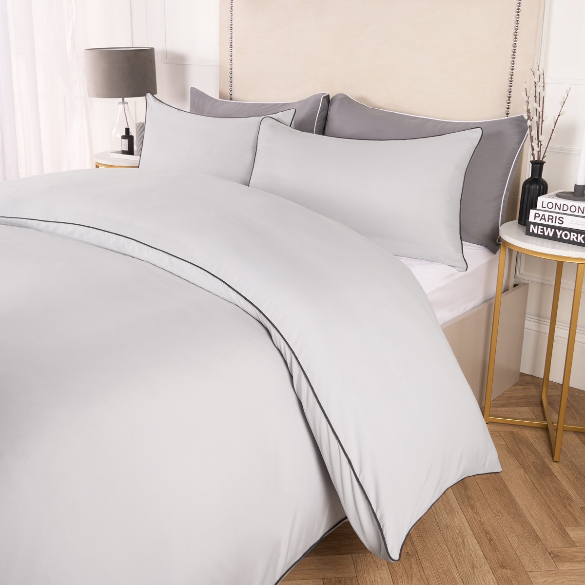 OHS Piped Edge Duvet Set, Silver/Grey - Superking>