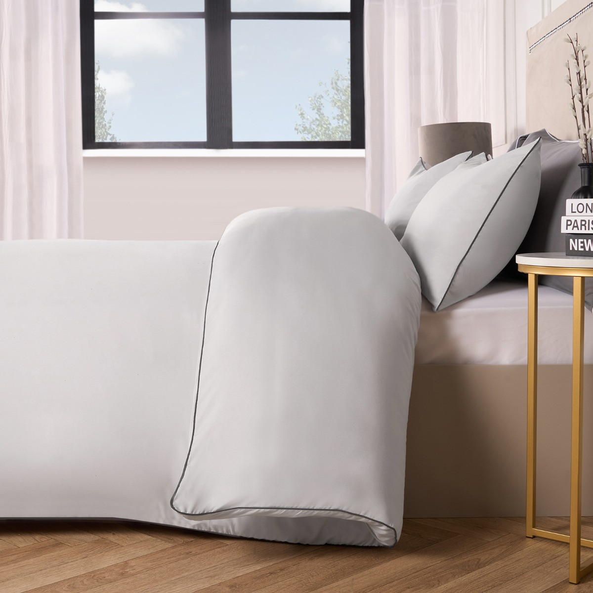 OHS Piped Edge Duvet Set, Silver/Grey - Superking>