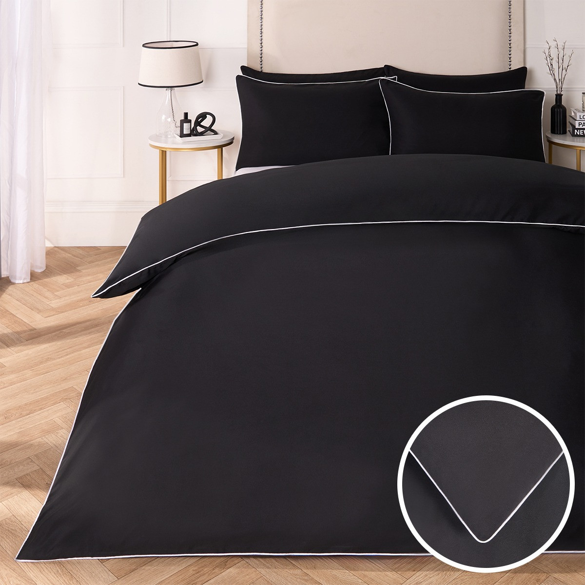 OHS Piped Edge Duvet Set, White/Black - Single>