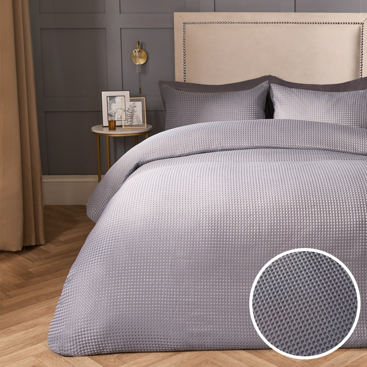 OHS Waffle Textured Duvet Cover Set, Grey - Double>