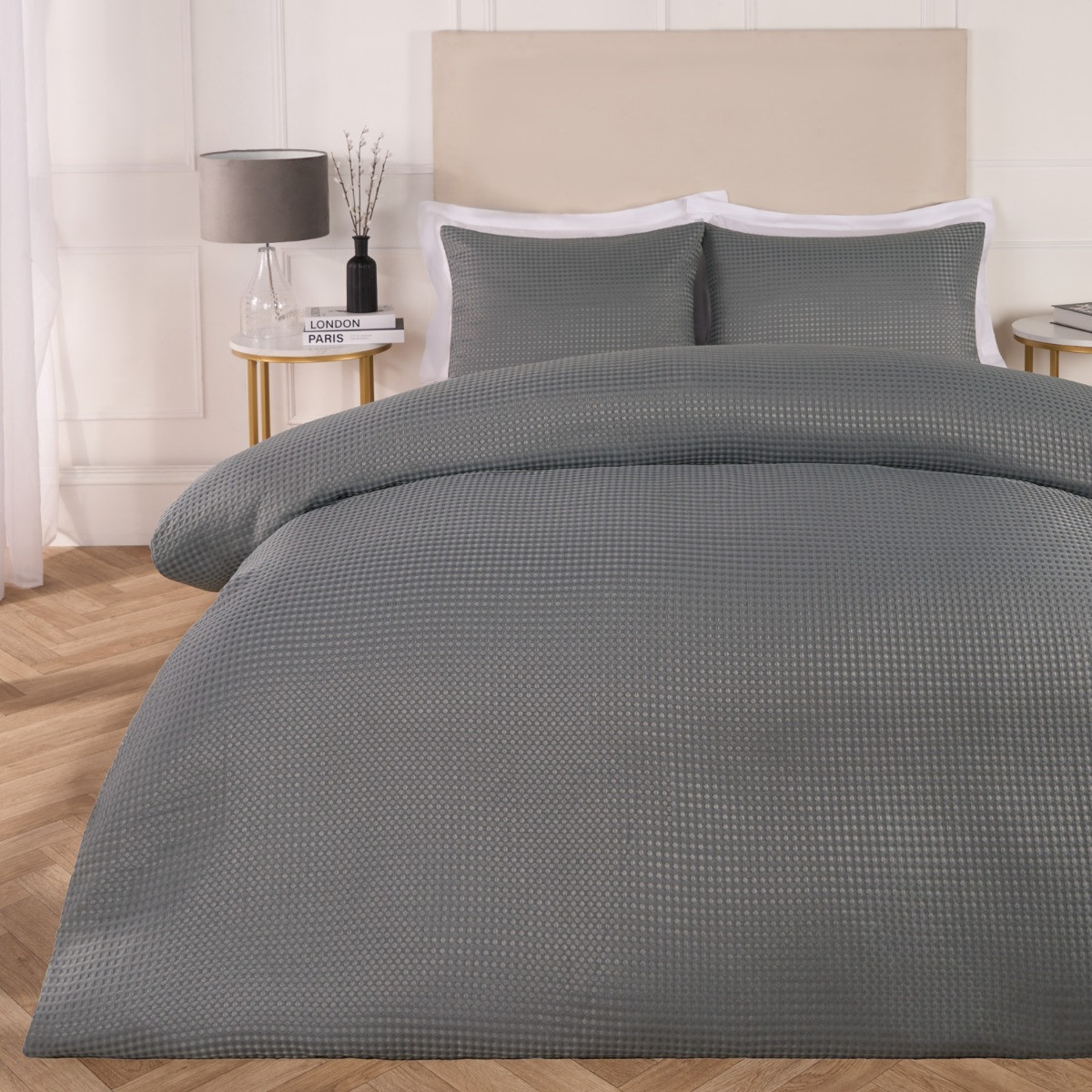 OHS Waffle Textured Duvet Cover Set, Grey Double