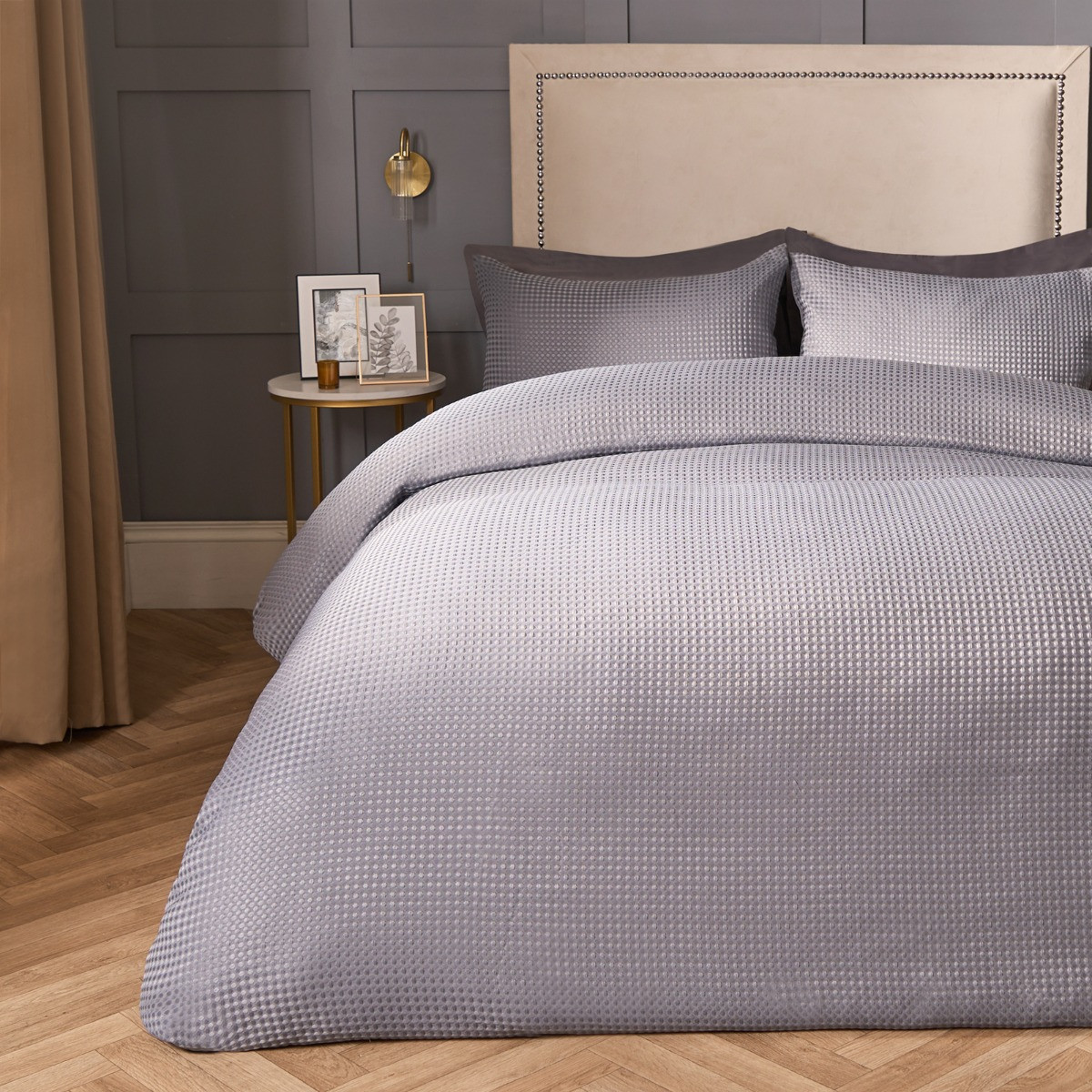 OHS Waffle Textured Duvet Cover Set, Grey - Double>