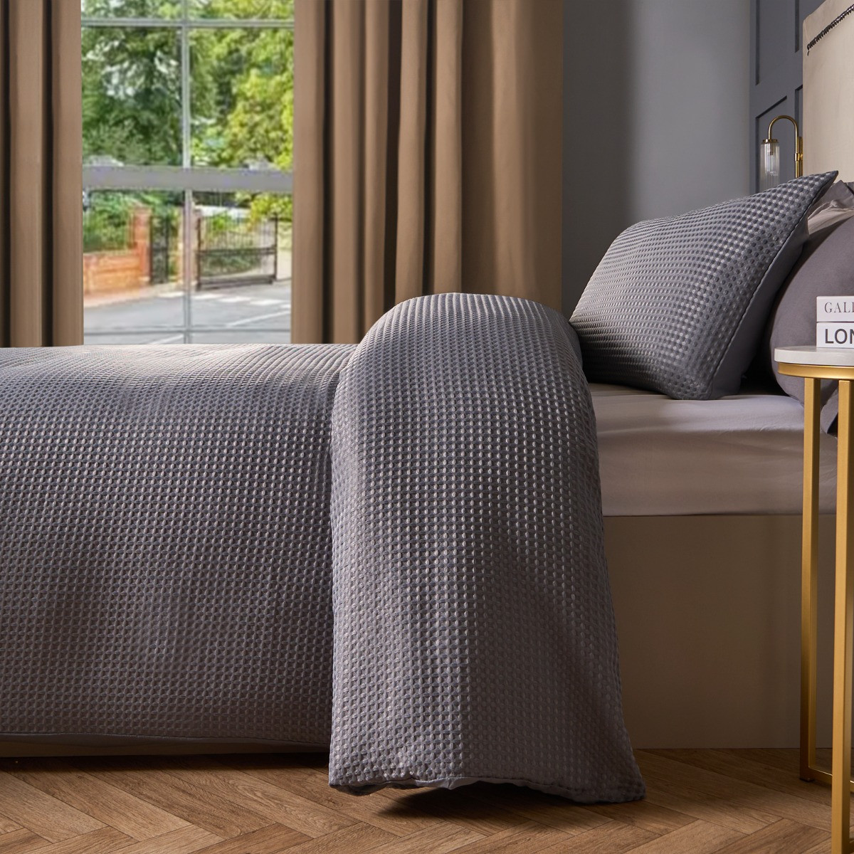 OHS Waffle Textured Duvet Cover Set, Grey - Double>