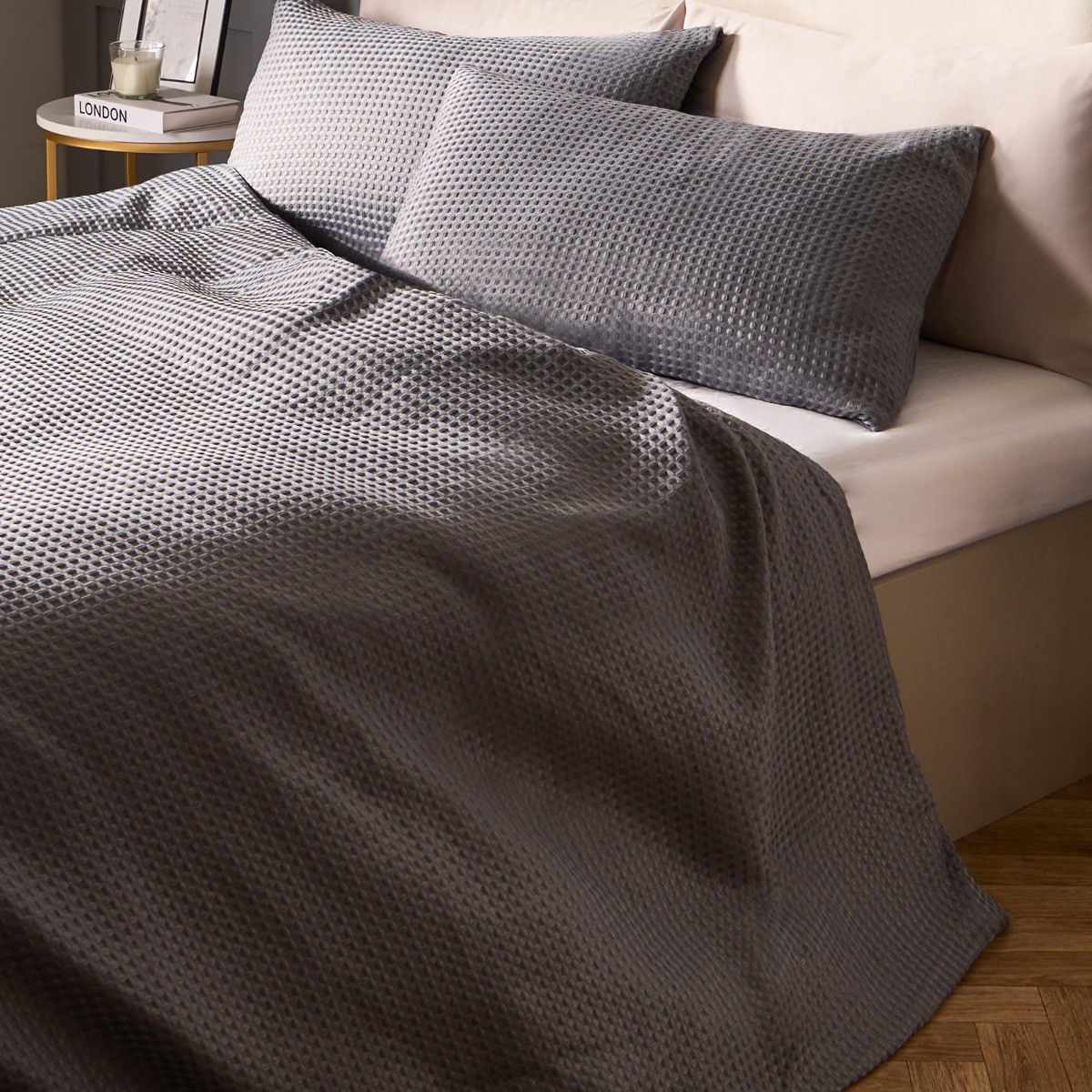 OHS Waffle Textured Duvet Cover Set, Grey - Double>