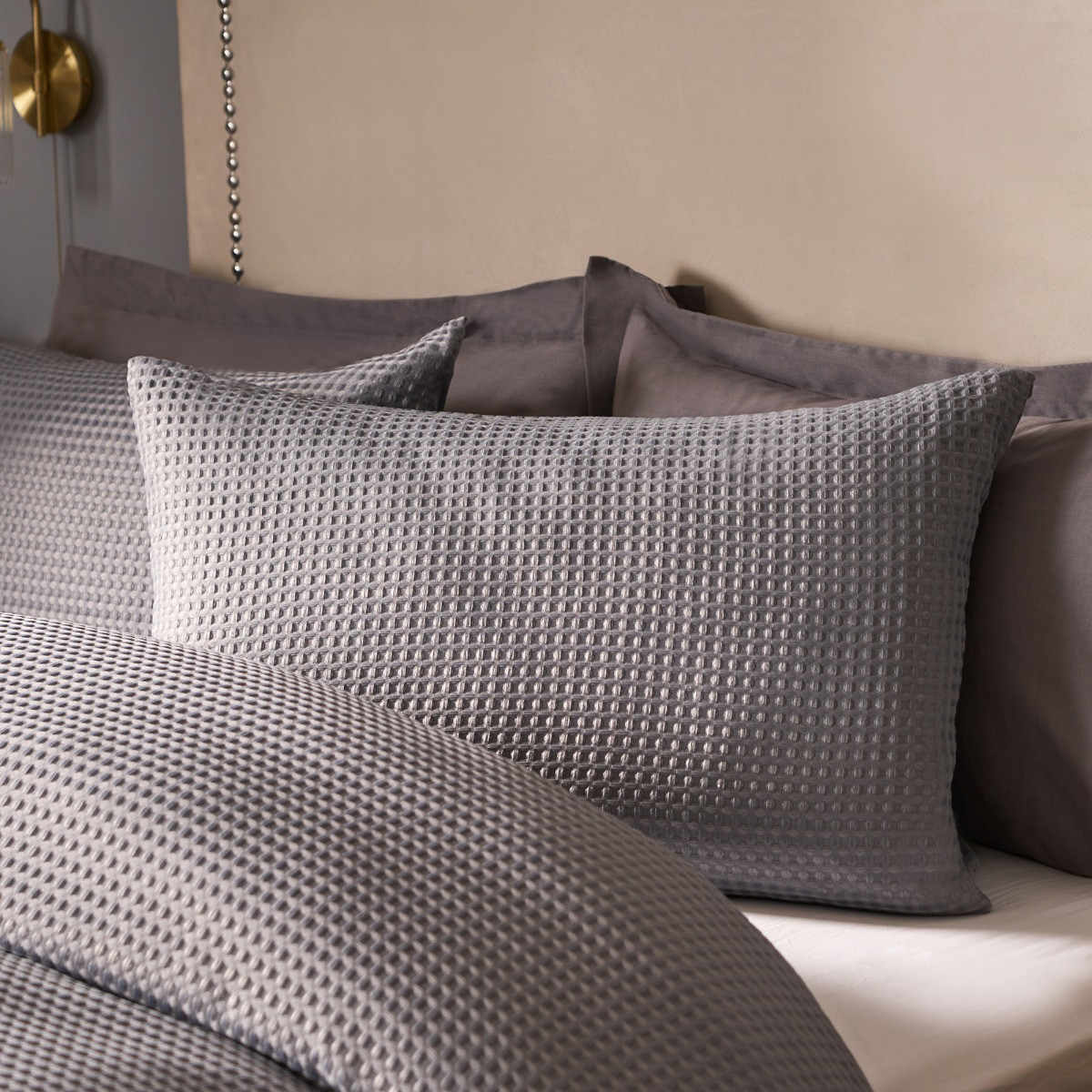 OHS Waffle Textured Duvet Cover Set, Grey - Double>