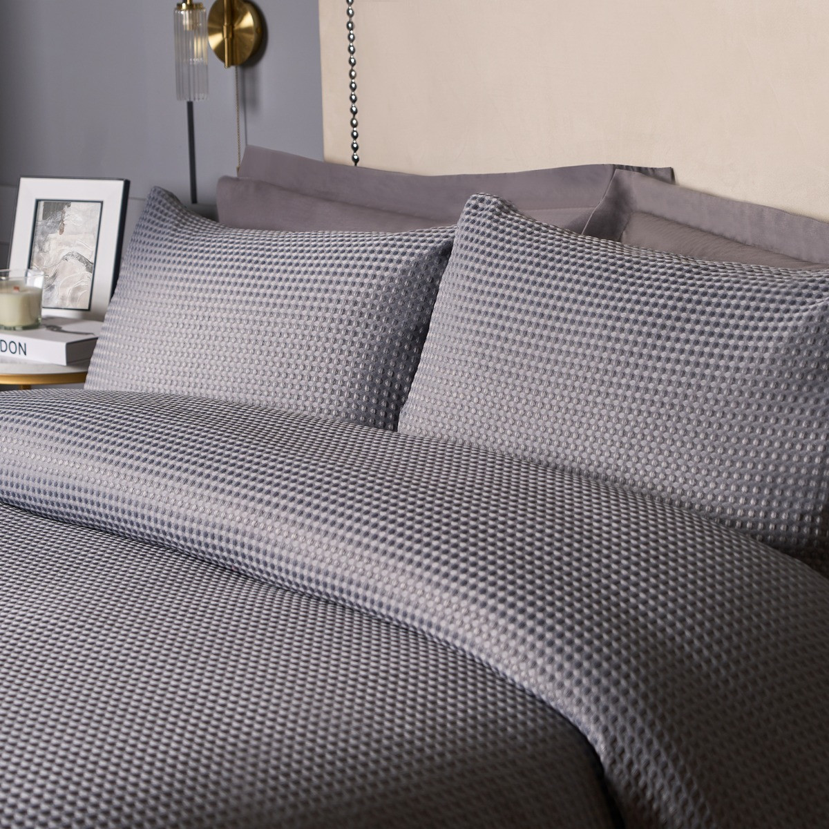 OHS Waffle Textured Duvet Cover Set, Grey - Double>
