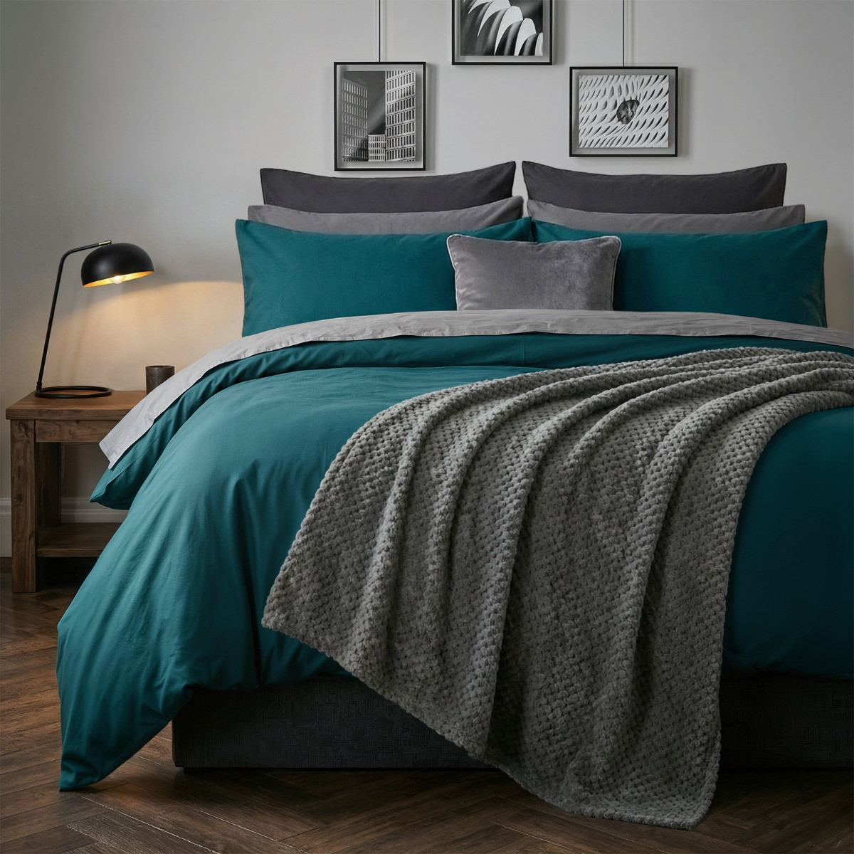 OHS Reversible Duvet Set, Teal/Grey -  Double>