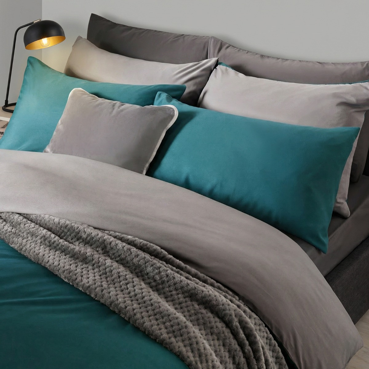 OHS Reversible Duvet Set, Teal/Grey -  Double>