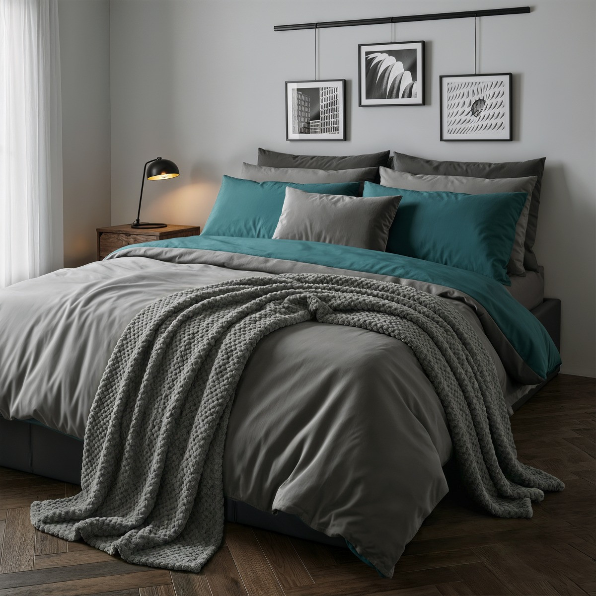 OHS Reversible Duvet Set, Teal/Grey -  Double>