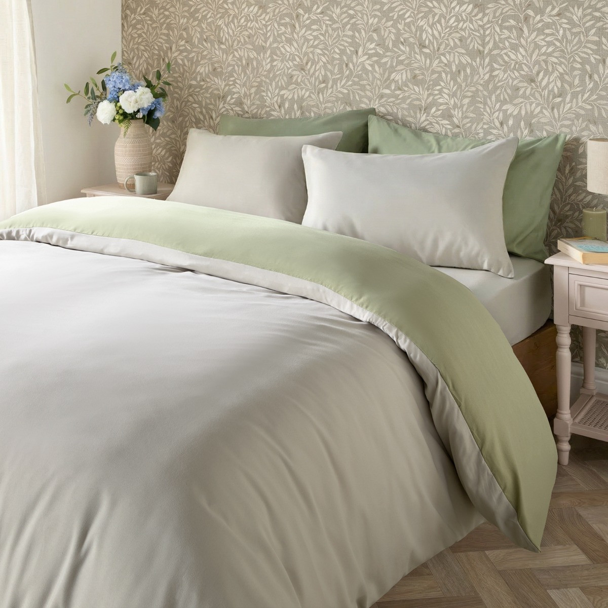 OHS Reversible Duvet Cover Set - Natural/Sage>