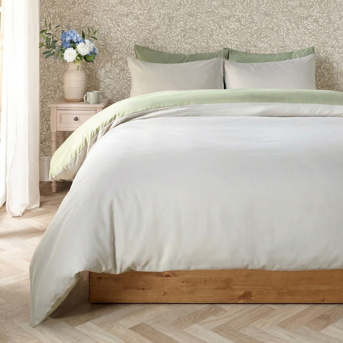 OHS Reversible Duvet Cover Set, Natural/Sage - King>