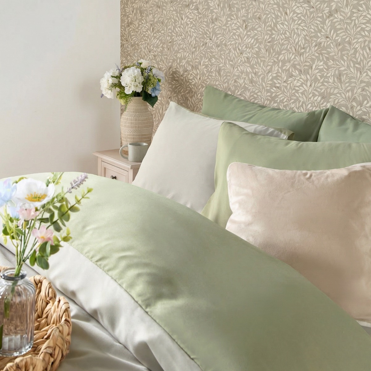 OHS Reversible Duvet Cover Set, Natural/Sage - King>