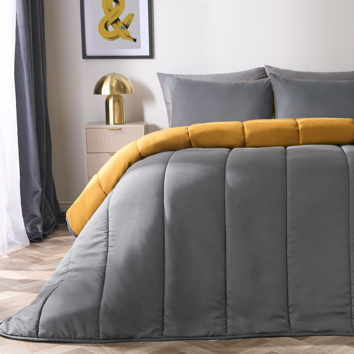 OHS Coverless 10.5 Tog Reversible Duvet & Pillowcase, Grey/Ochre - King>