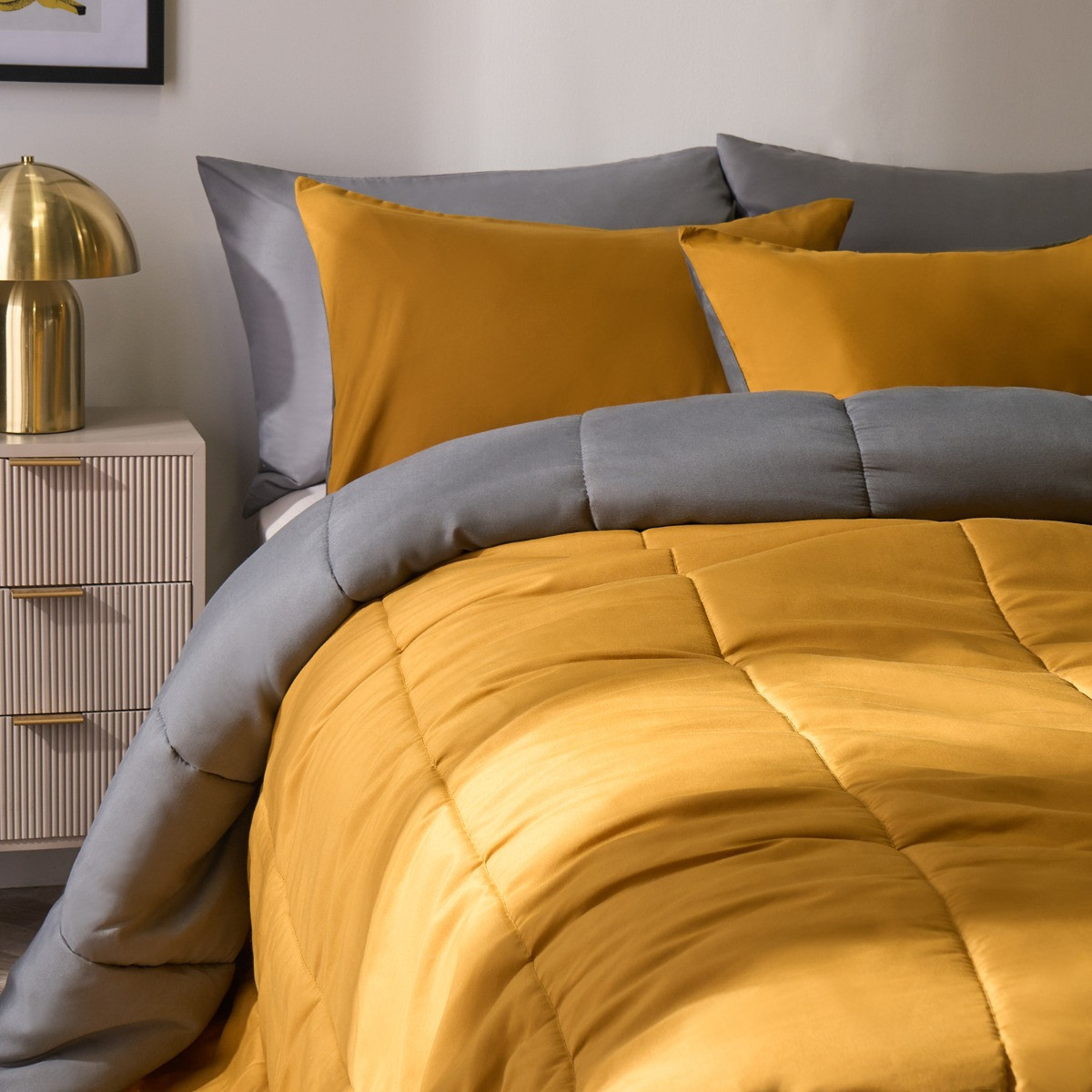 OHS Coverless 10.5 Tog Reversible Duvet & Pillowcase, Grey/Ochre - Double>