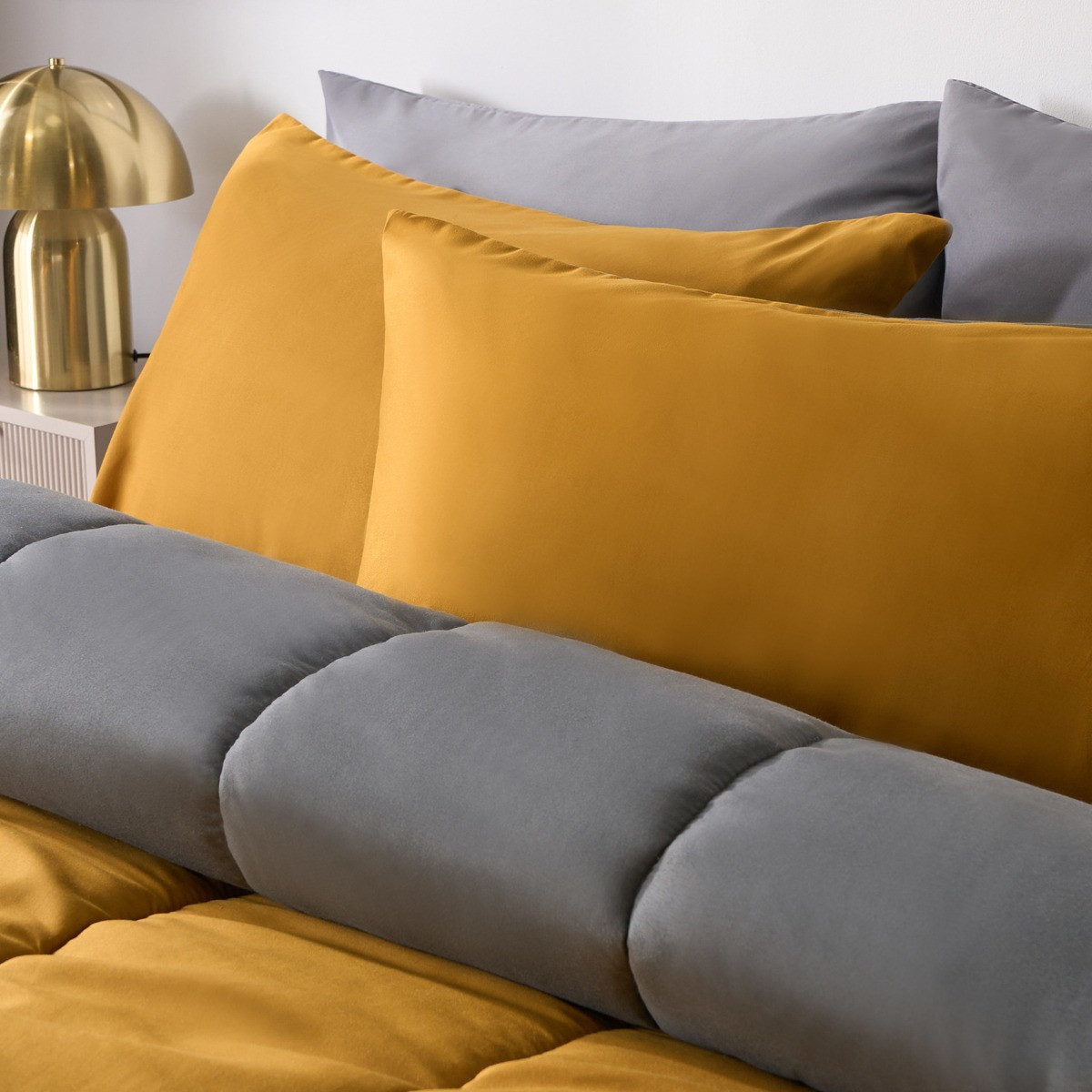 OHS Coverless 10.5 Tog Reversible Duvet & Pillowcase, Grey/Ochre - Single >