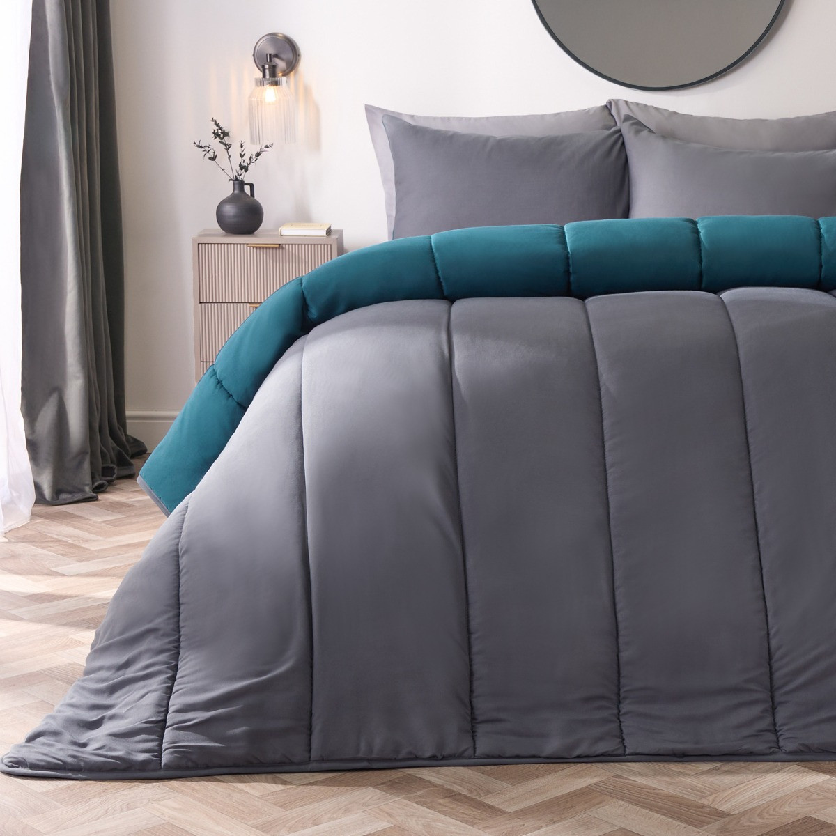 OHS Coverless 10.5 Tog Reversible Duvet & Pillowcase - Teal/Grey>
