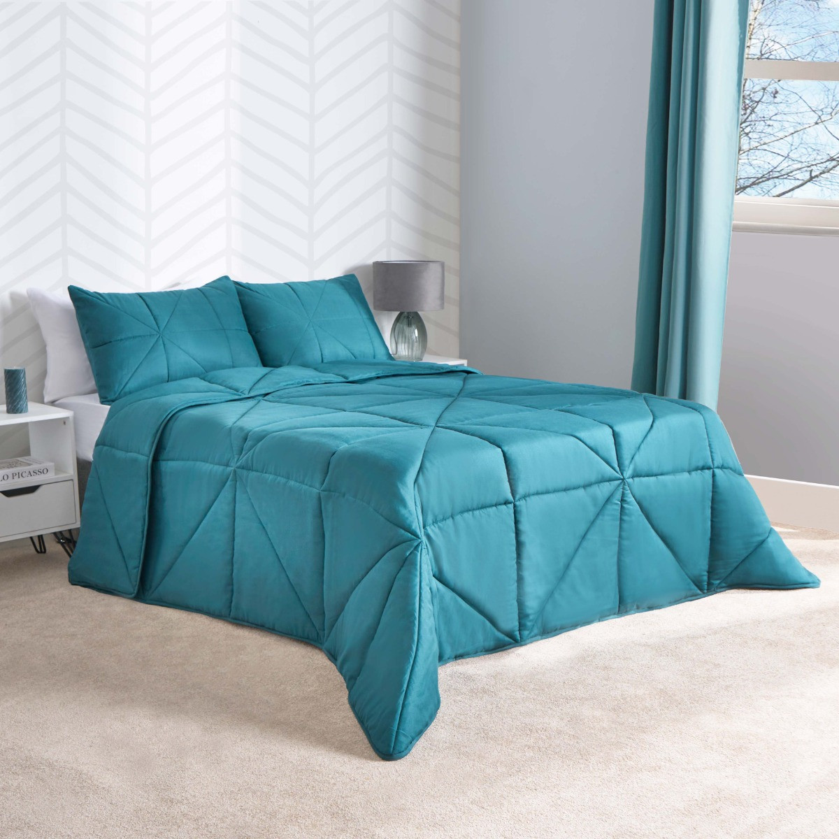 OHS Coverless Geo Quilted 7.5 Tog Duvet Set - Teal>