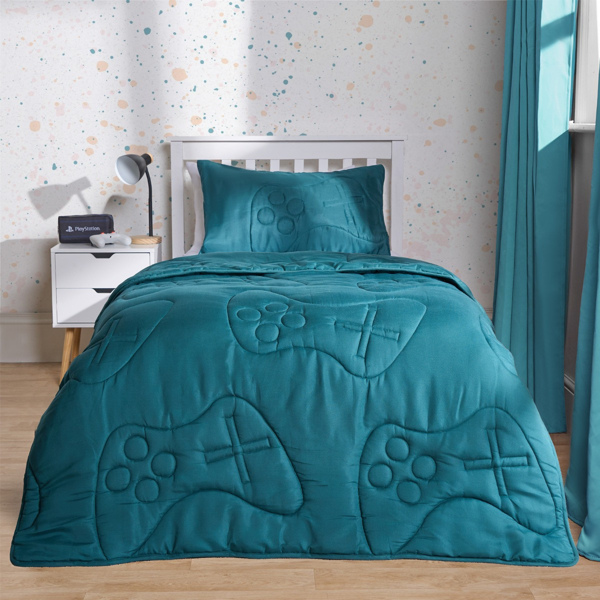 OHS Coverless Gaming Quilted 7.5 Tog Duvet Set, Teal - Single>