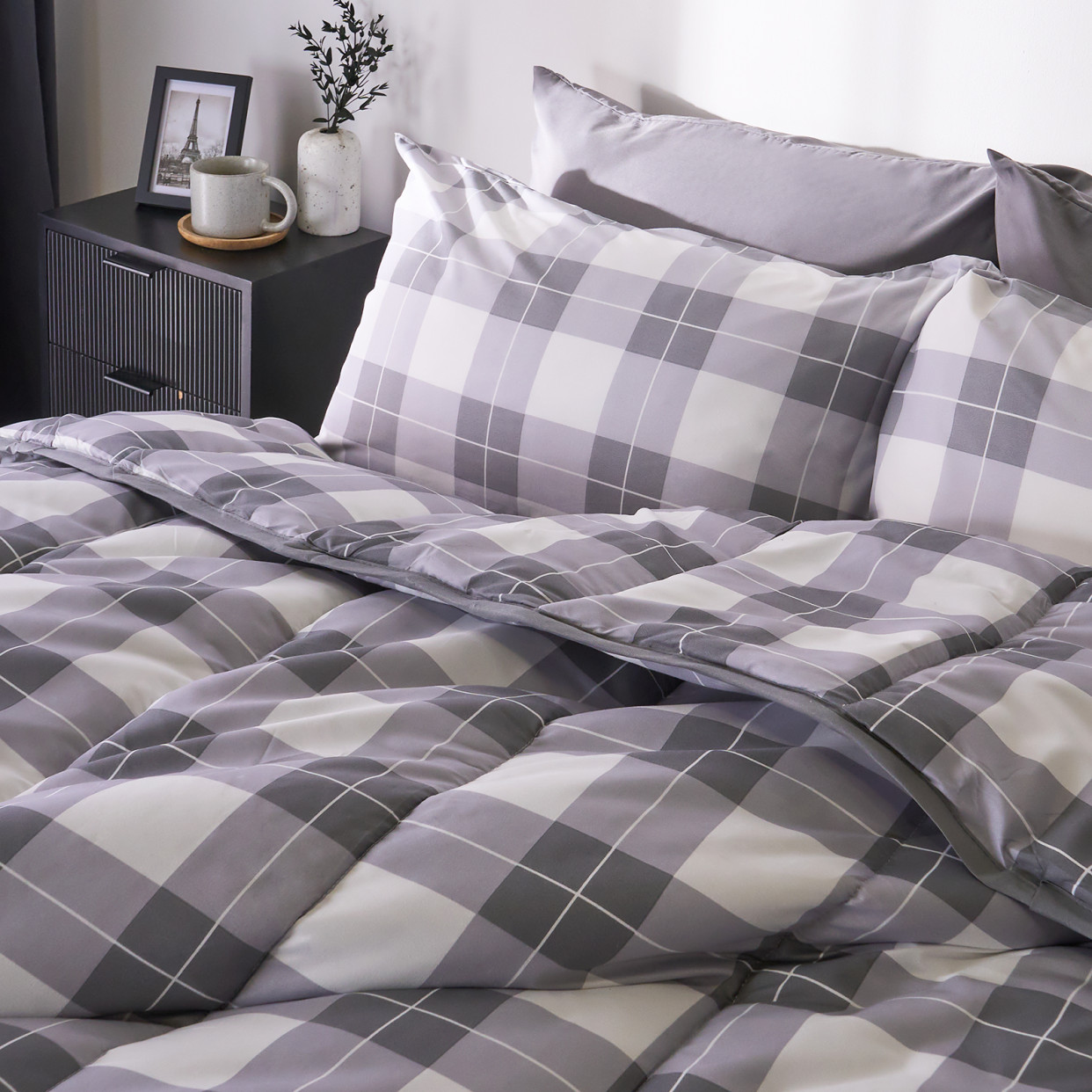 OHS Gingham Coverless 10.5 Tog Duvet & Pillowcases, Grey - Double>