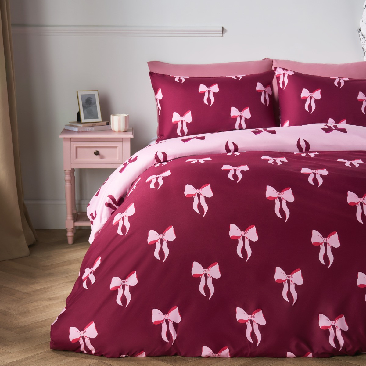 OHS Bow Print Reversible Duvet Cover Set - Burgundy/Pink >
