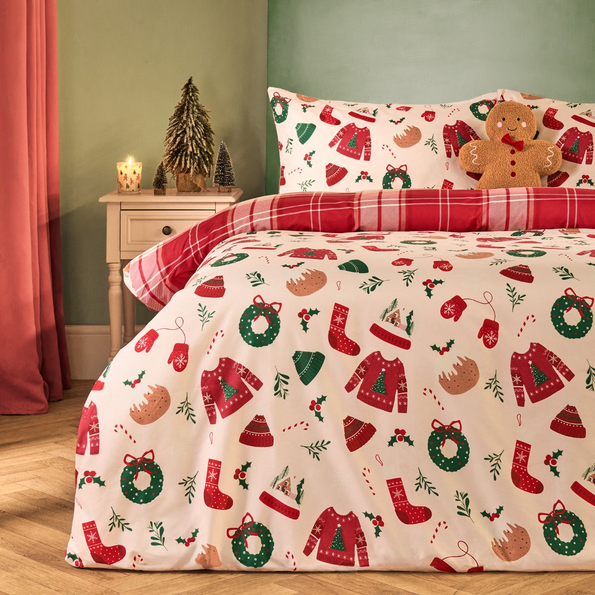 OHS Christmas Novelty Duvet Set, Cream -Double>