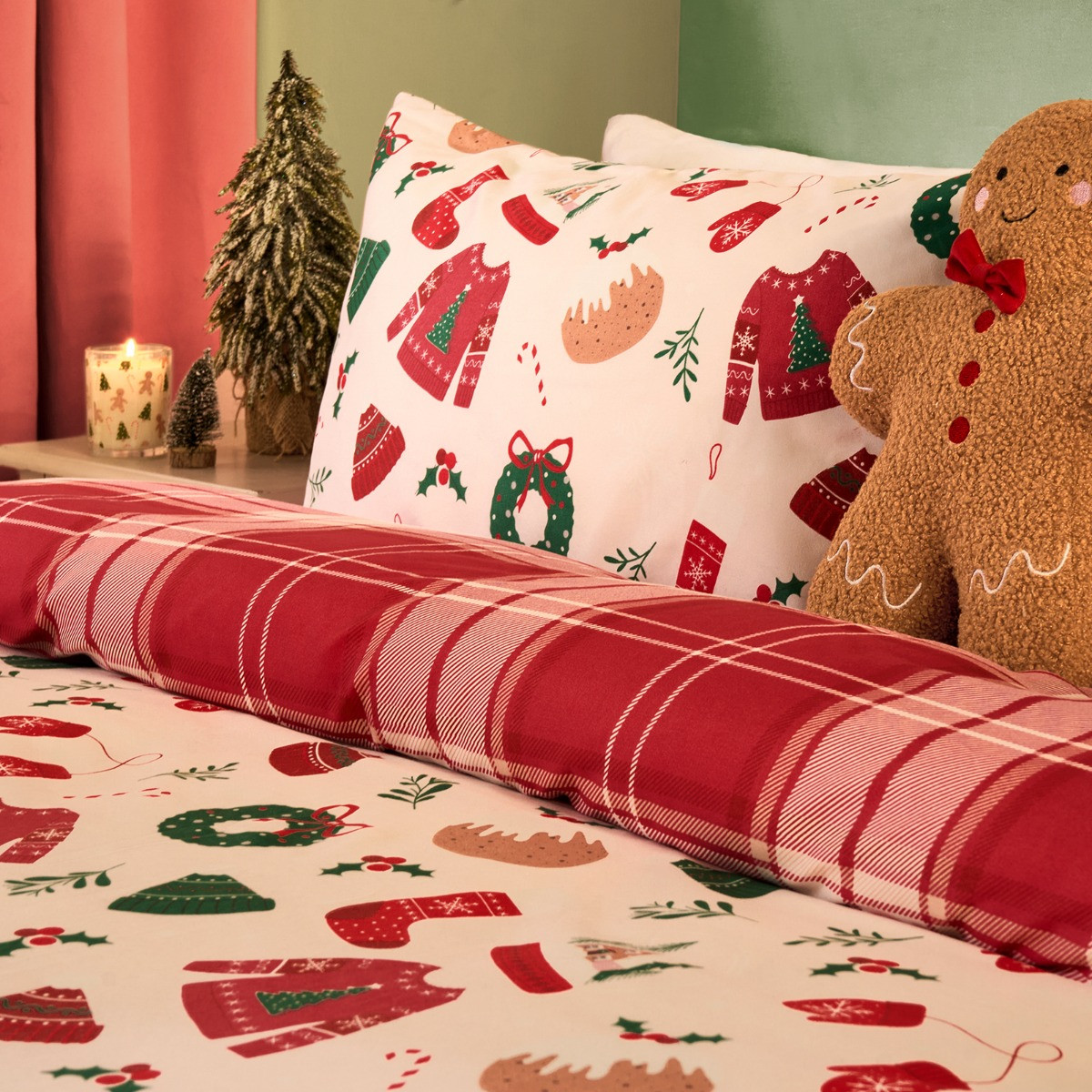 OHS Christmas Novelty Duvet Set, Cream -Double>