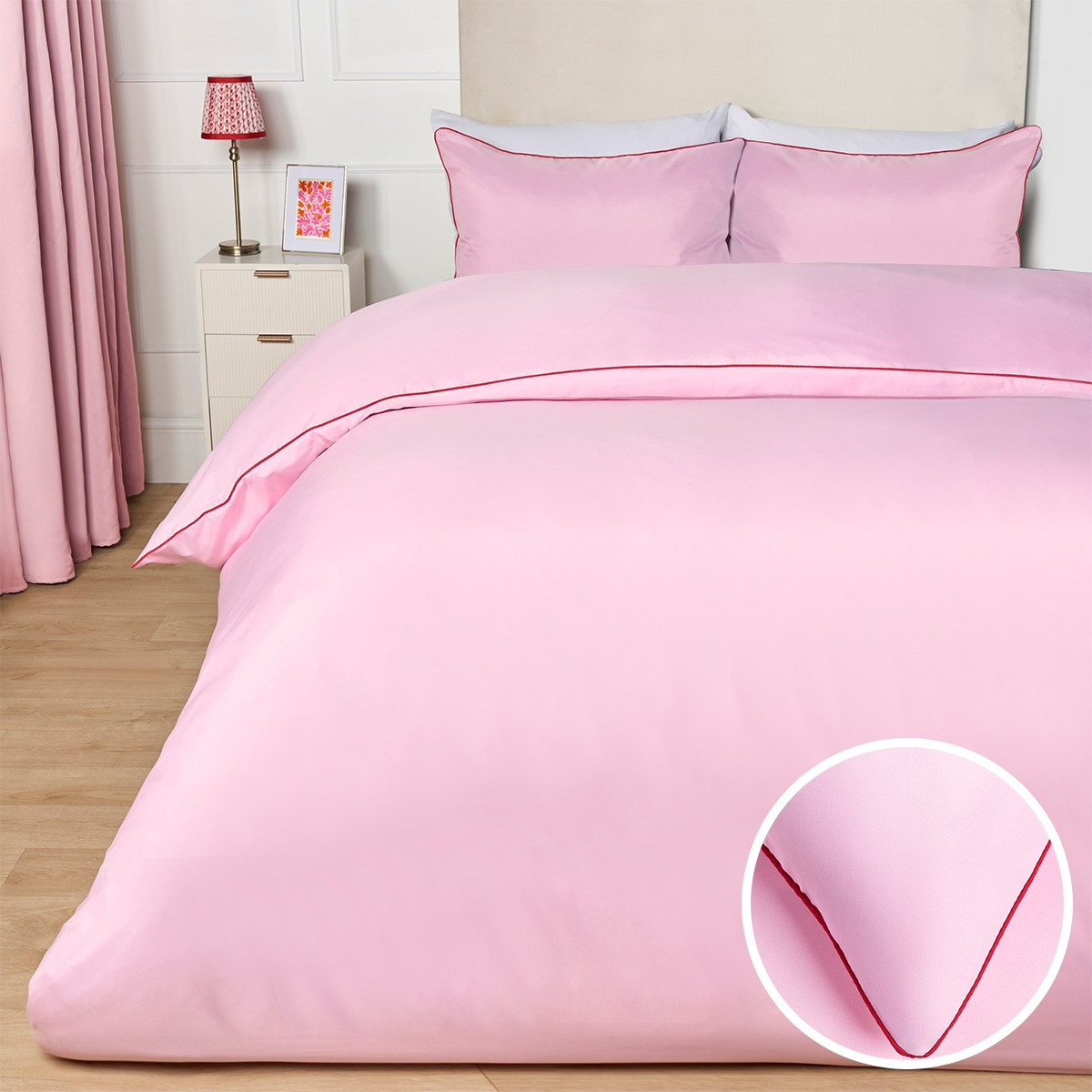 OHS Piped Edge Duvet Cover Set, Pink/Red - Double>