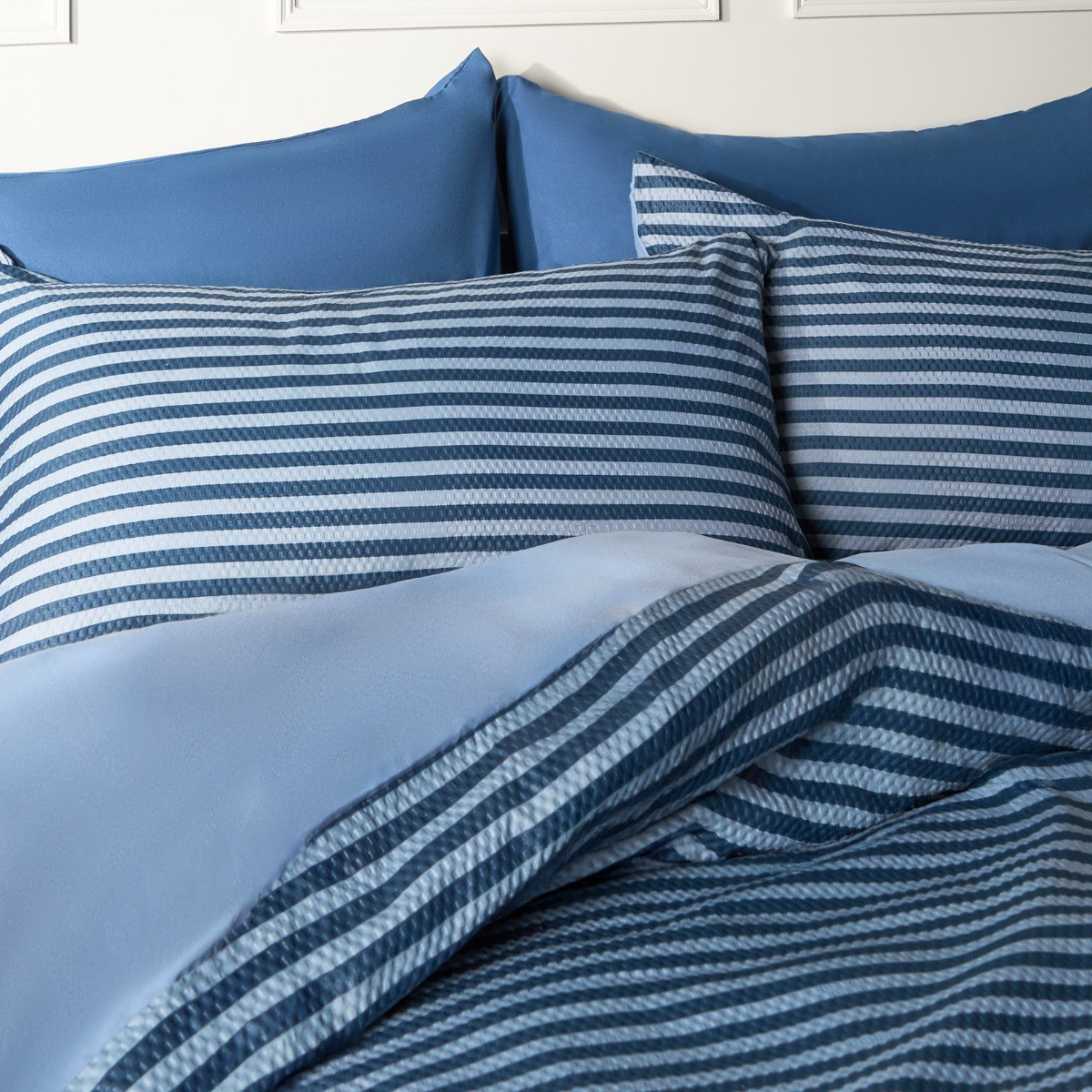 OHS Waffle Stripe Luxury Duvet Cover Set, Blue - Double>