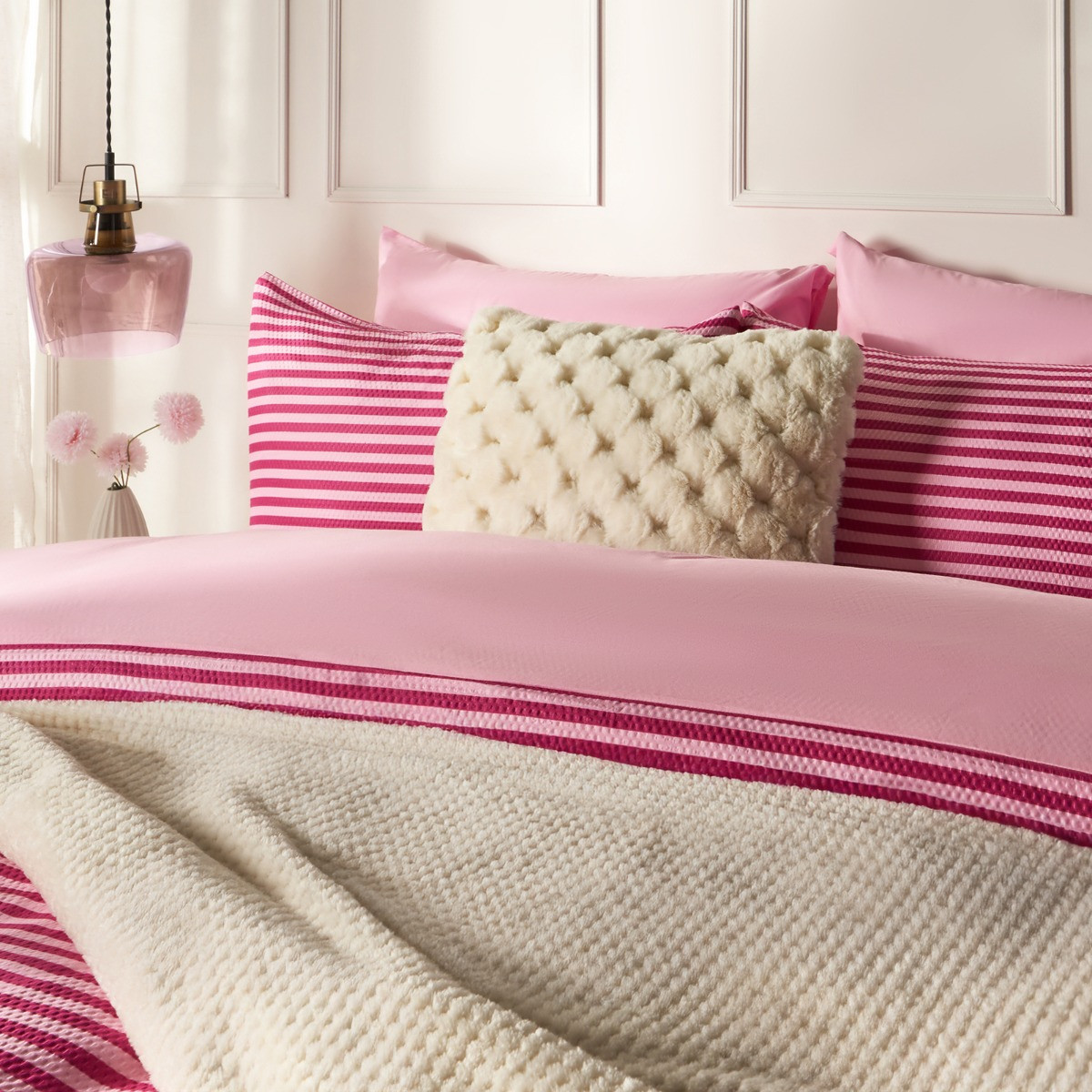 OHS Waffle Stripe Luxury Duvet Cover Set, Pink - Double>