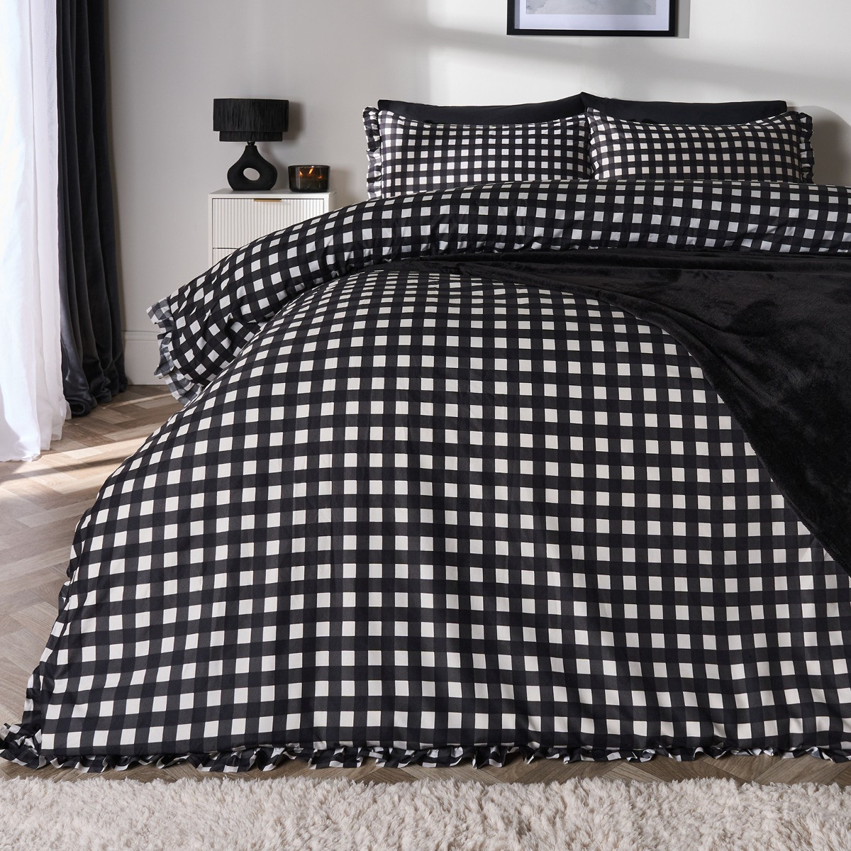 OHS Gingham Frill Duvet Cover Set, Monochrome - Double>