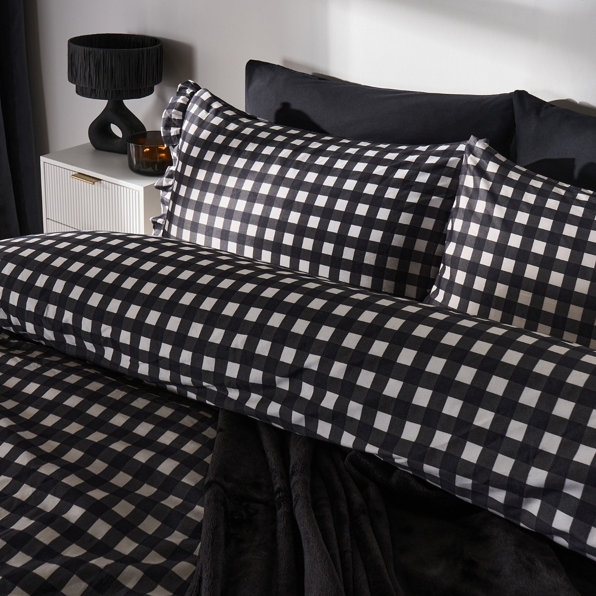 OHS Gingham Frill Duvet Cover Set, Monochrome - Single>