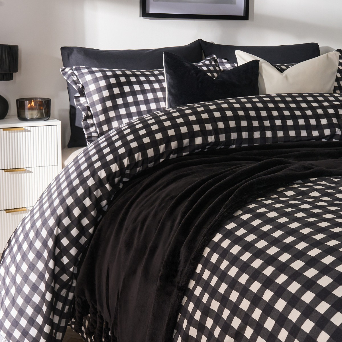 OHS Gingham Frill Duvet Cover Set, Monochrome - Double>