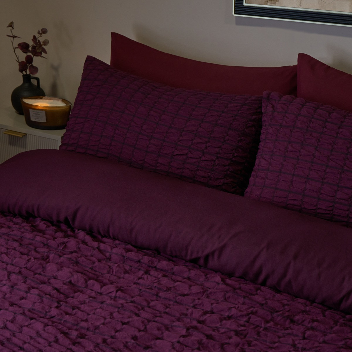 OHS Geometric Seersucker Duvet Set, Wine - Double>